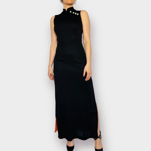 Vintage Dresses & Skirts - 70s‎ Black and Orange Trimmed Gown